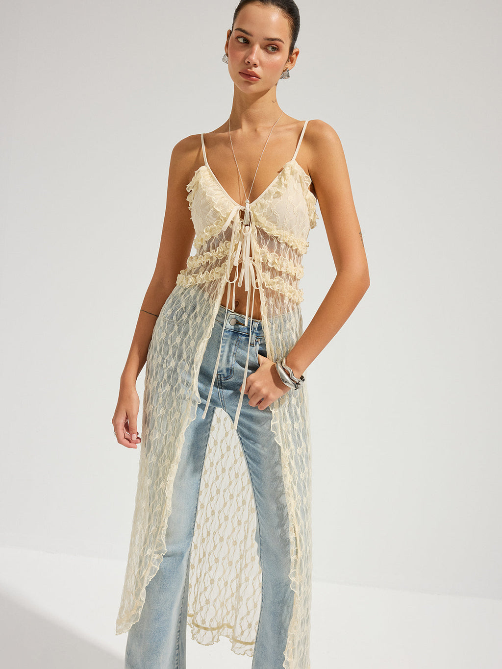 Sheer Lace Cami Dress with Ruffled Midi Skirt