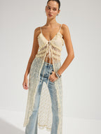 Sheer Lace Cami Dress with Ruffled Midi Skirt