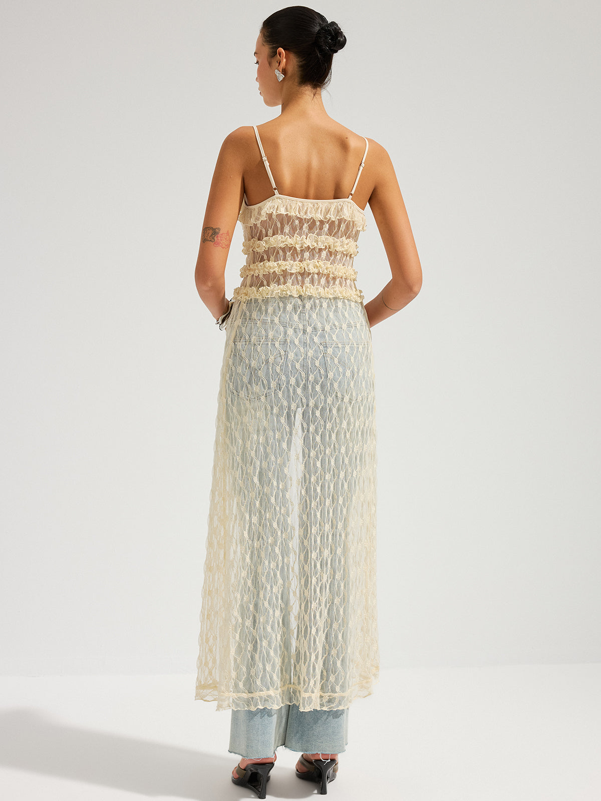 Sheer Lace Cami Dress with Ruffled Midi Skirt