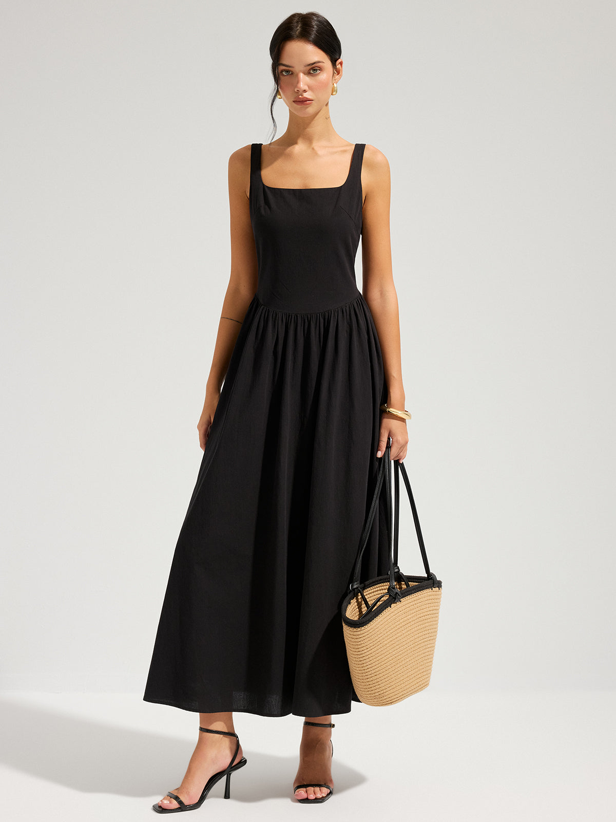Square Neck Cotton Maxi Dress with Backless Design