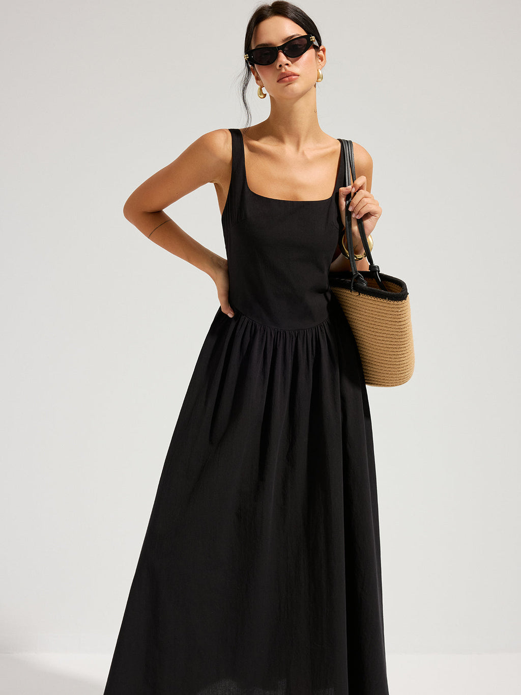 Square Neck Cotton Maxi Dress with Backless Design