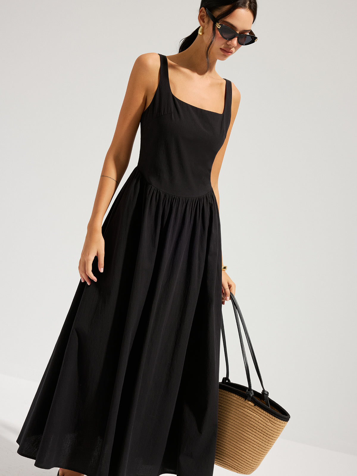 Cotton Square Neck Maxi Dress with Open Back