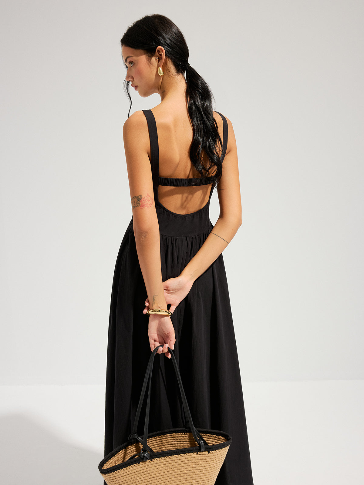 Cotton Square Neck Maxi Dress with Open Back