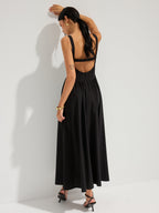 Square Neck Cotton Maxi Dress with Backless Design