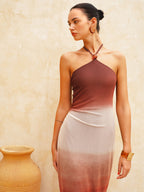 Halter Neck Gradient Chiffon Sleeveless Midi Dress