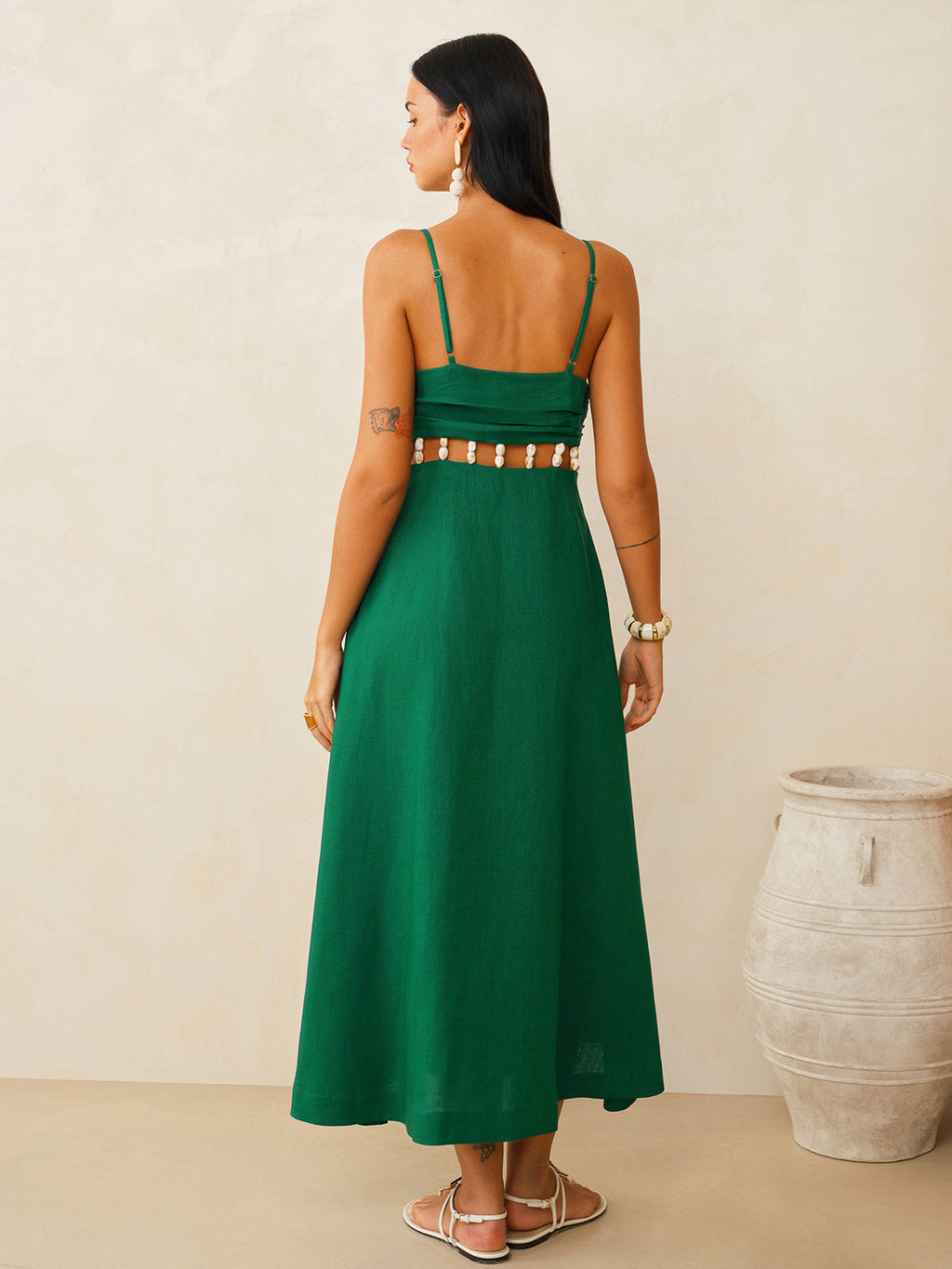 Linen-Blend Midi Dress with Cutout Waist Cami Style