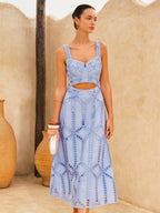 Eyelet Embroidery Mid-Length Dress with Waist Cutouts