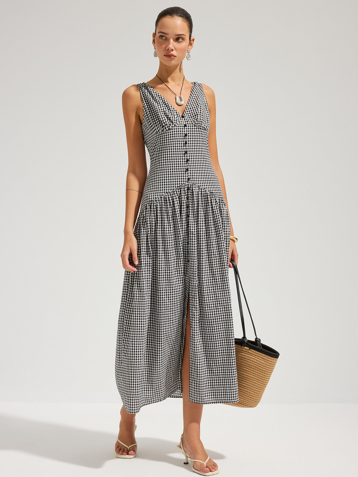 Gingham V-Neck Sleeveless Cotton Maxi Dress