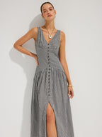 Gingham V-Neck Sleeveless Cotton Maxi Dress