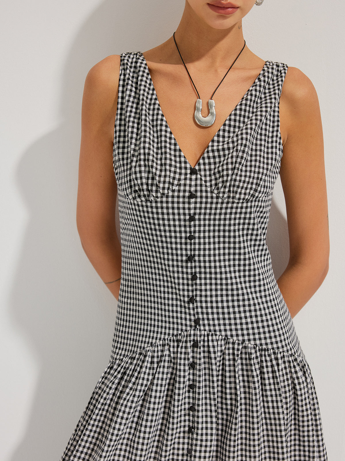 Gingham V-Neck Sleeveless Cotton Maxi Dress