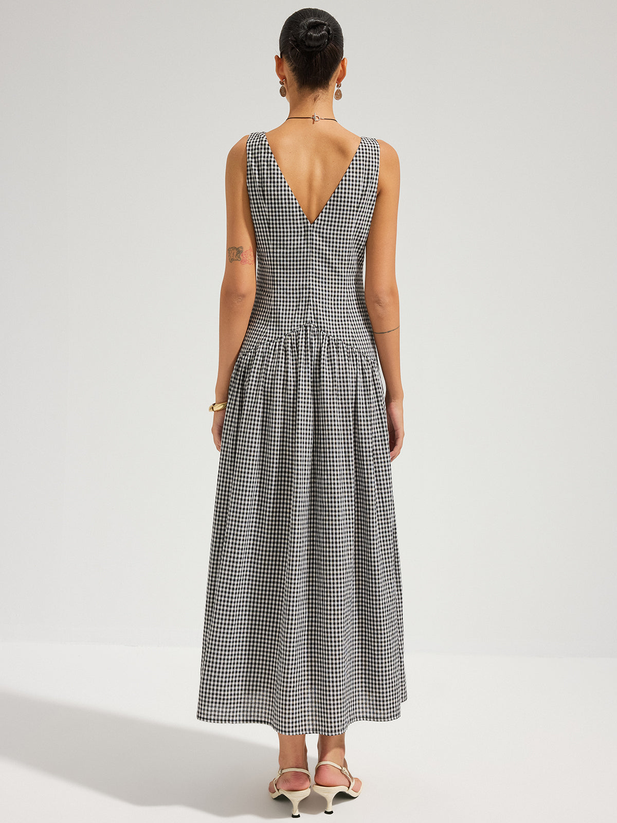 Gingham V-Neck Sleeveless Cotton Maxi Dress