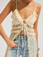 Sheer Lace Cami Dress with Ruffled Midi Skirt