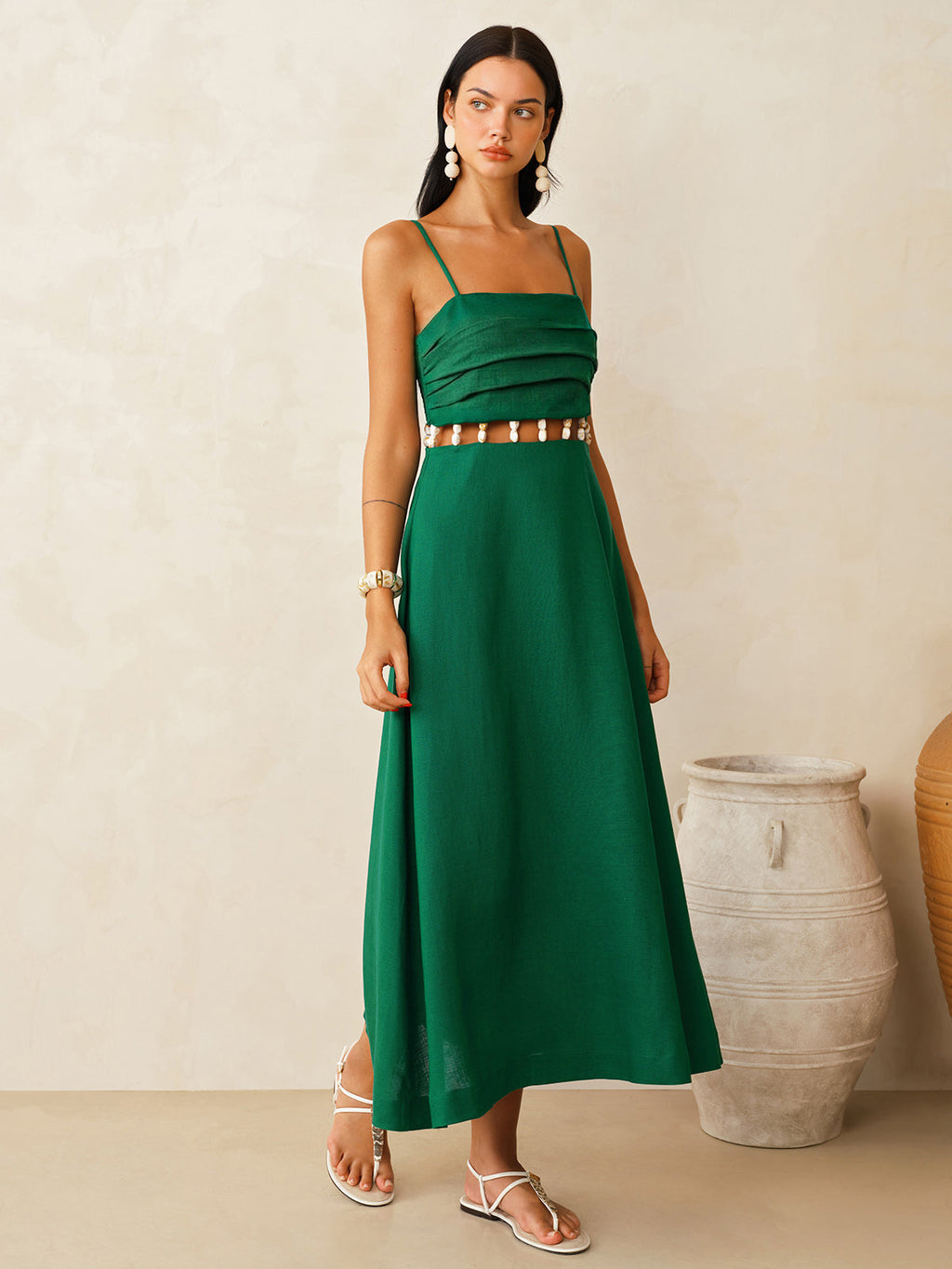 Linen-Blend Cami Dress with Waist Cutouts, Midi Length