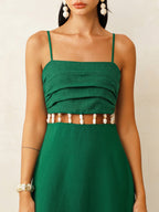 Linen-Blend Cami Dress with Waist Cutouts, Midi Length