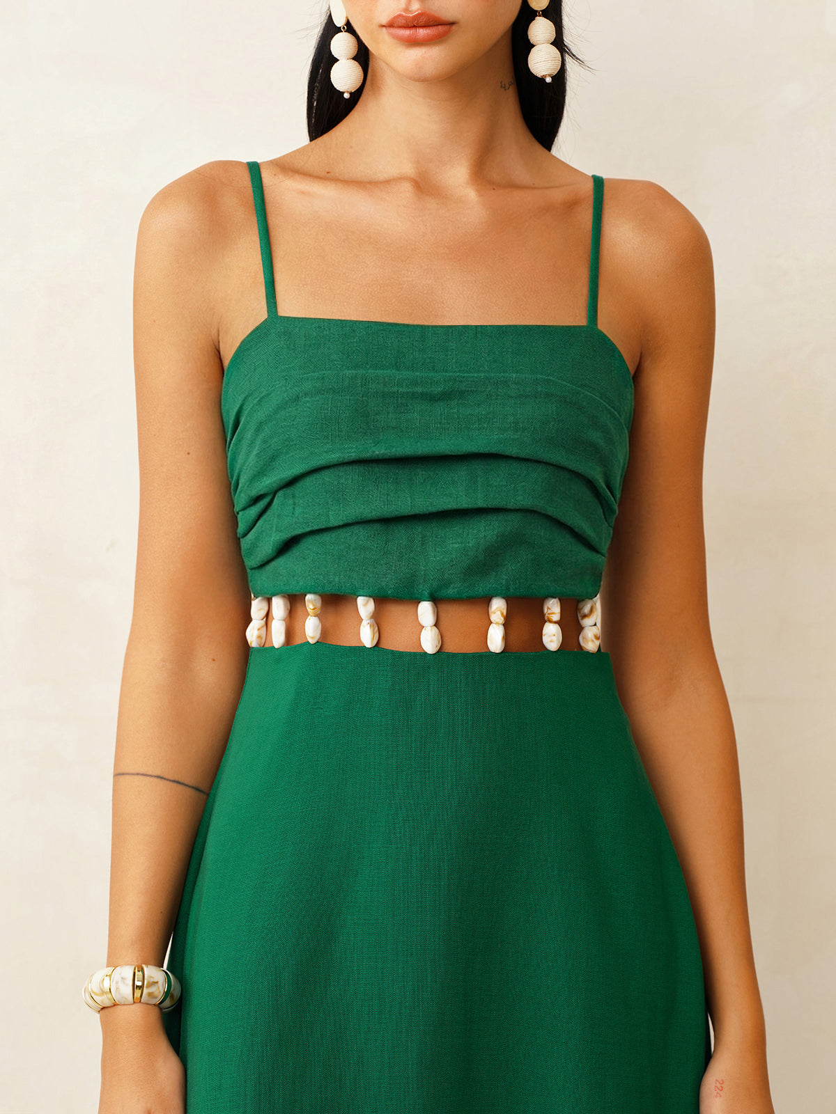 Linen-Blend Cami Dress with Waist Cutouts, Midi Length