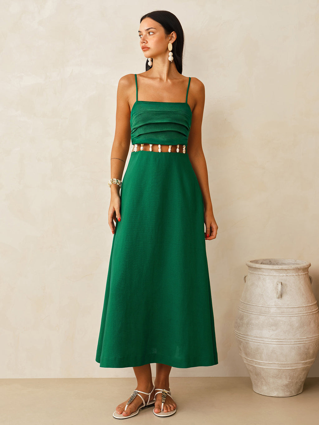 Linen-Blend Cami Dress with Waist Cutouts, Midi Length