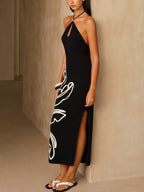Leaf-Embroidered Halterneck Maxi Dress