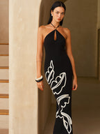 Leaf-Embroidered Halterneck Maxi Dress