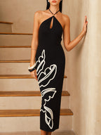 Leaf-Embroidered Halterneck Maxi Dress