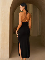 Embroidered Leaf Pattern Halter Neck Maxi Dress