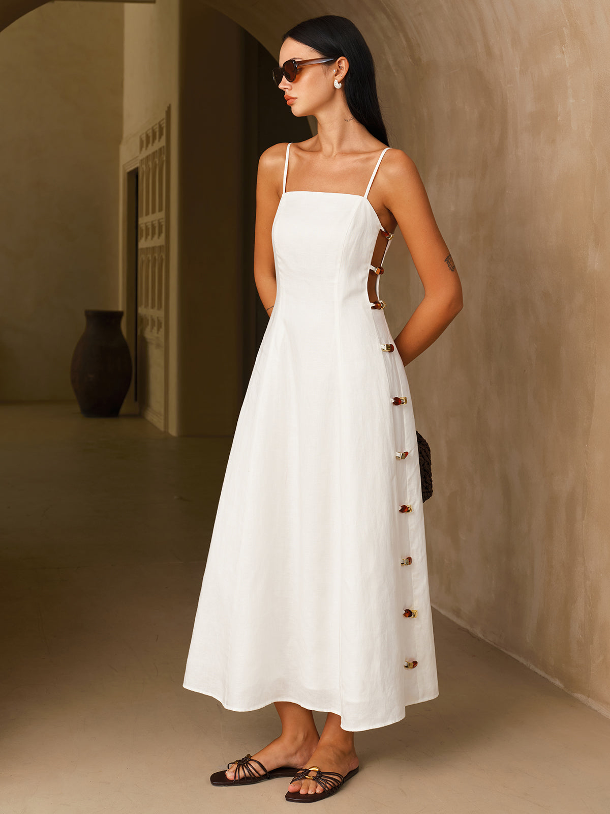 Amber Detail Linen-Blend Cami Midi Dress