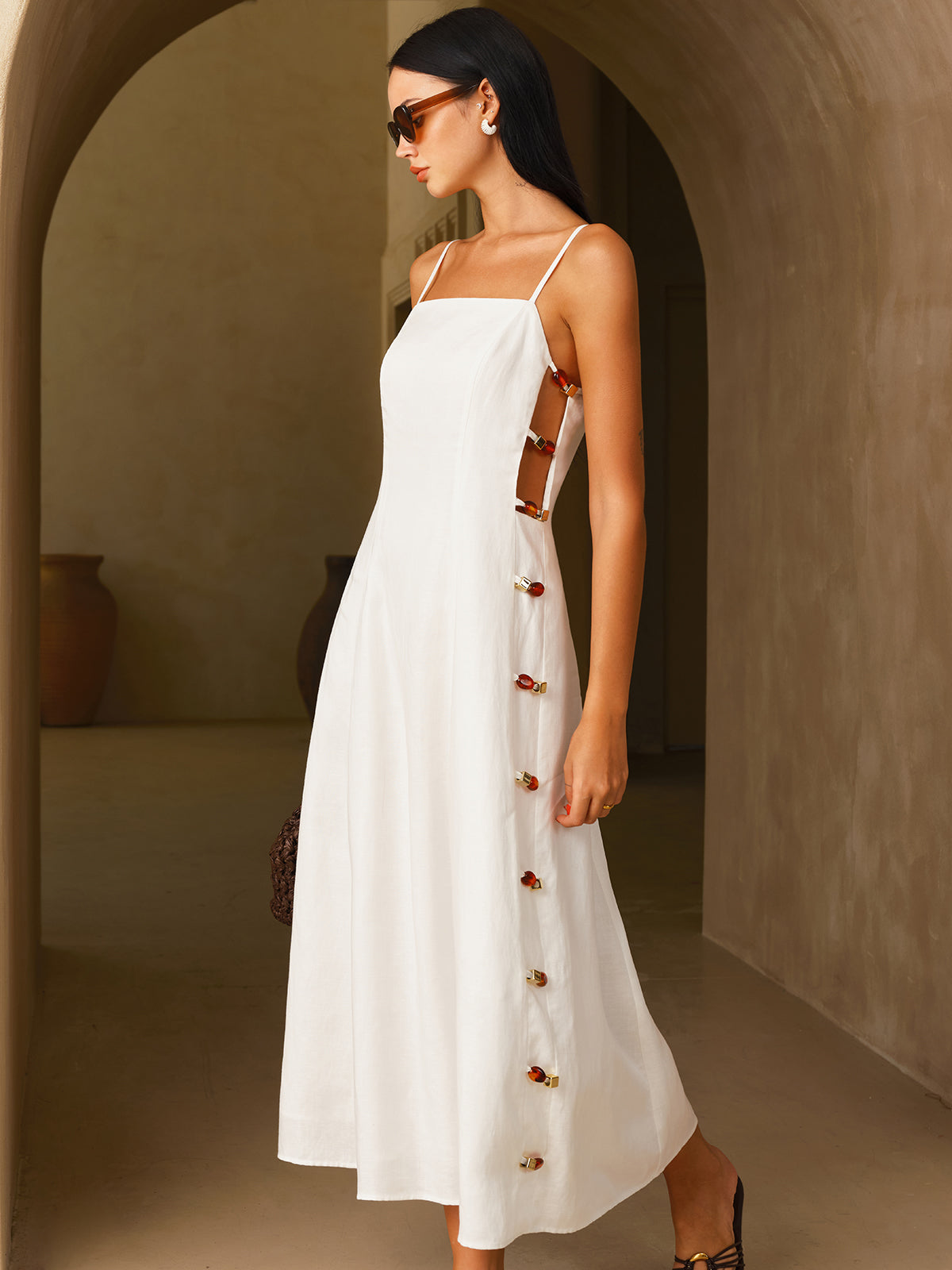 Amber Accented Linen Blend Cami Midi Dress