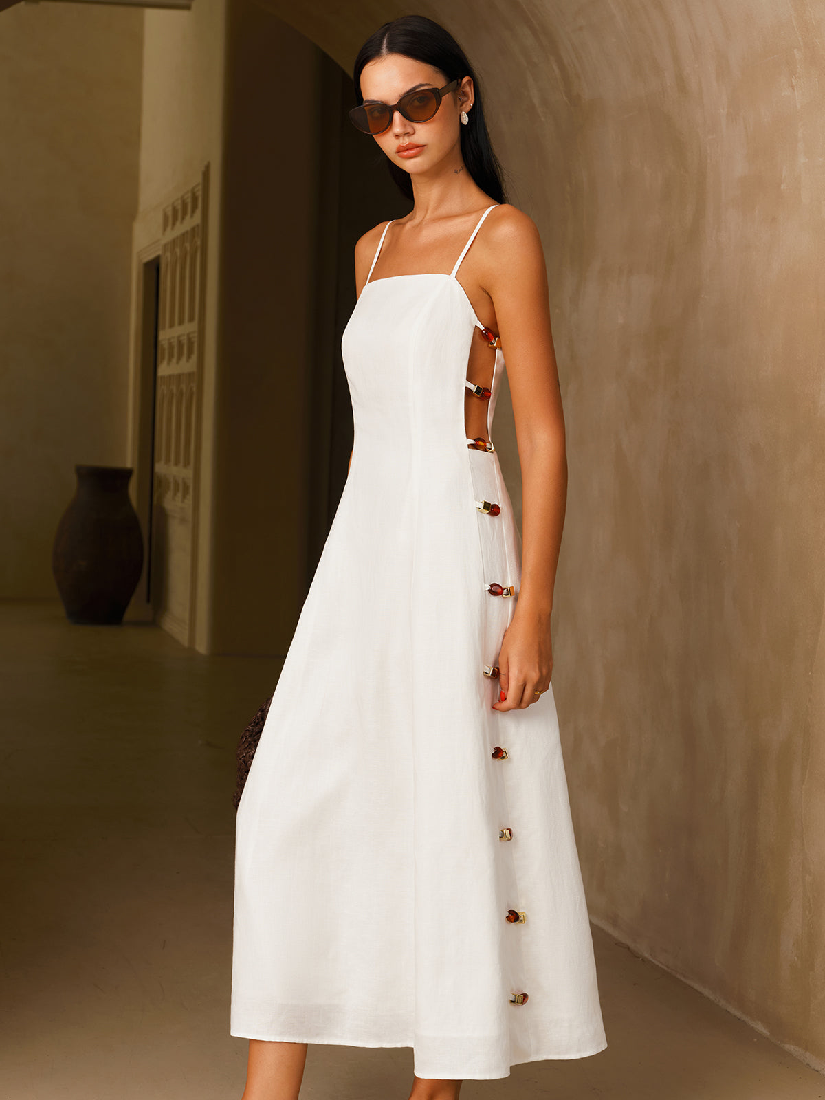 Amber Detail Linen-Blend Cami Midi Dress