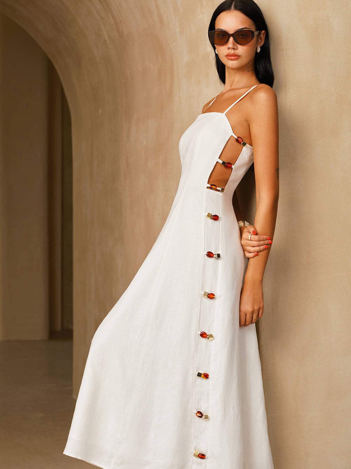 Amber Accented Linen Blend Cami Midi Dress