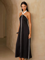 Satin Halter Midi Dress with Contrast Trim