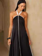 Satin Halter Midi Dress with Contrast Trim