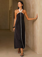Satin Halter Midi Dress with Contrast Trim