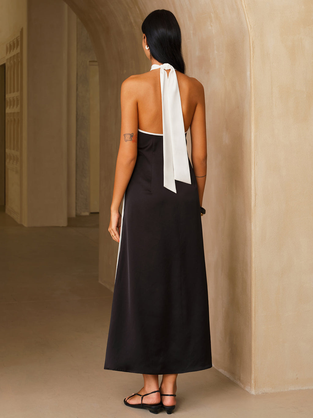 Satin Halter Midi Dress with Contrast Trim