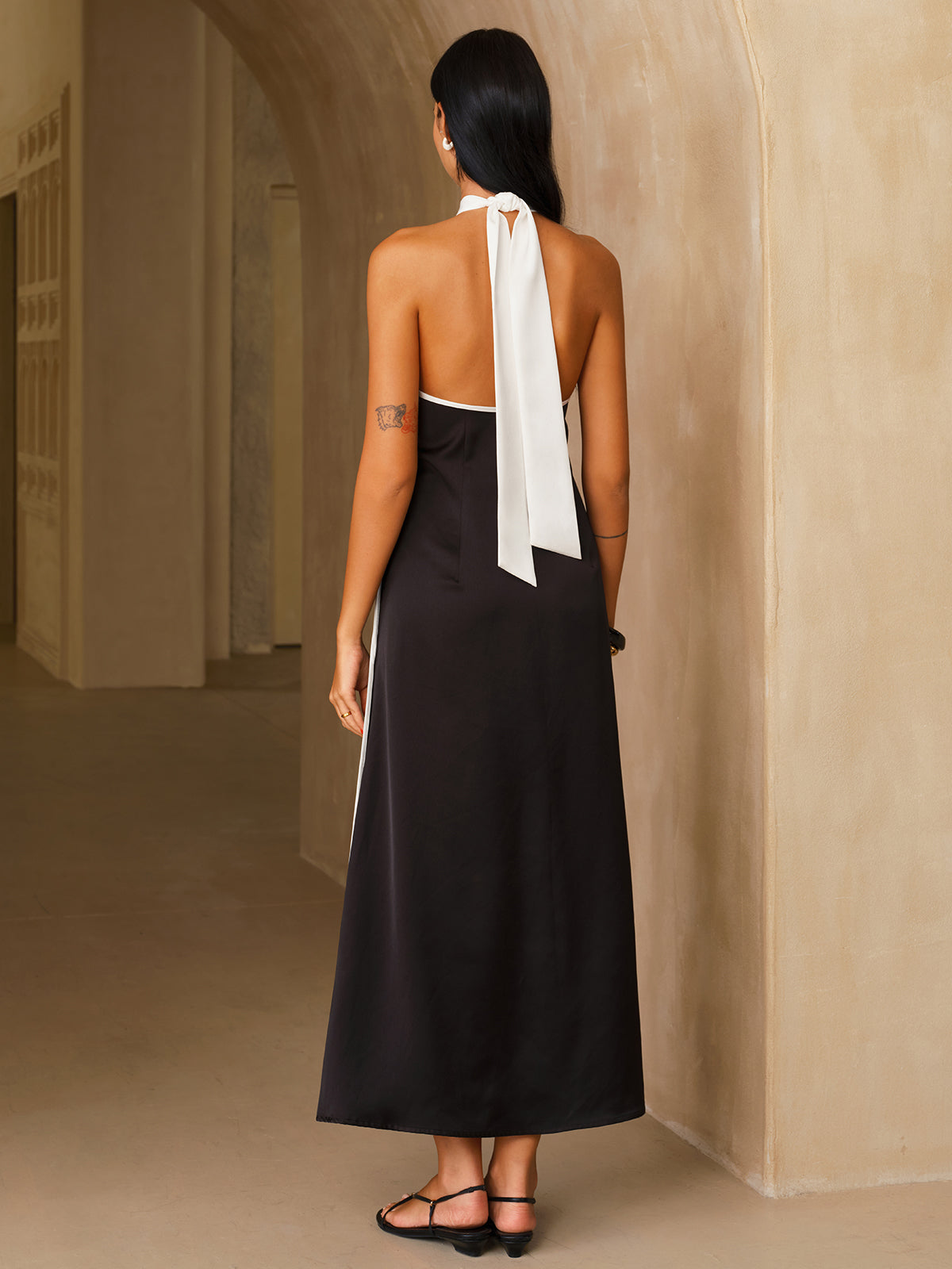 Satin Halter Midi Dress with Contrast Trim