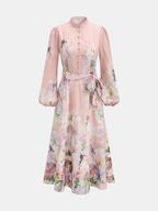 Floral Belted Puffed Sleeve Maxi Dress
