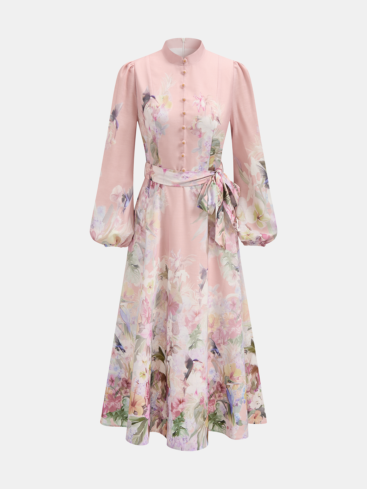 Floral Belted Puffed Sleeve Maxi Dress
