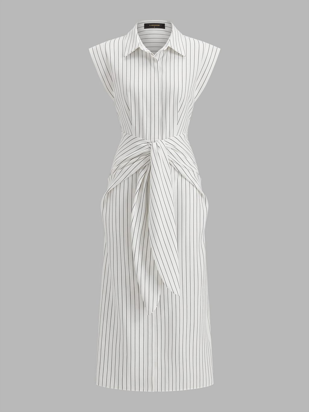 Pinstripe Sleeveless Dress with Tie Waist Detail