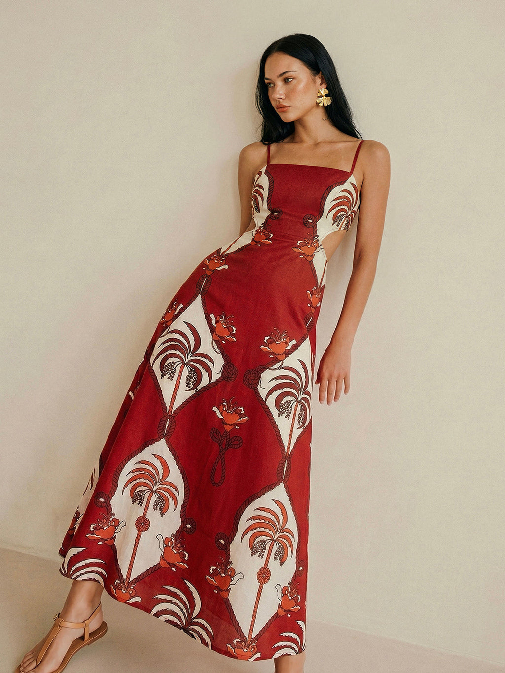 Tropical Print Maxi Dress with Cami Cut-Outs
