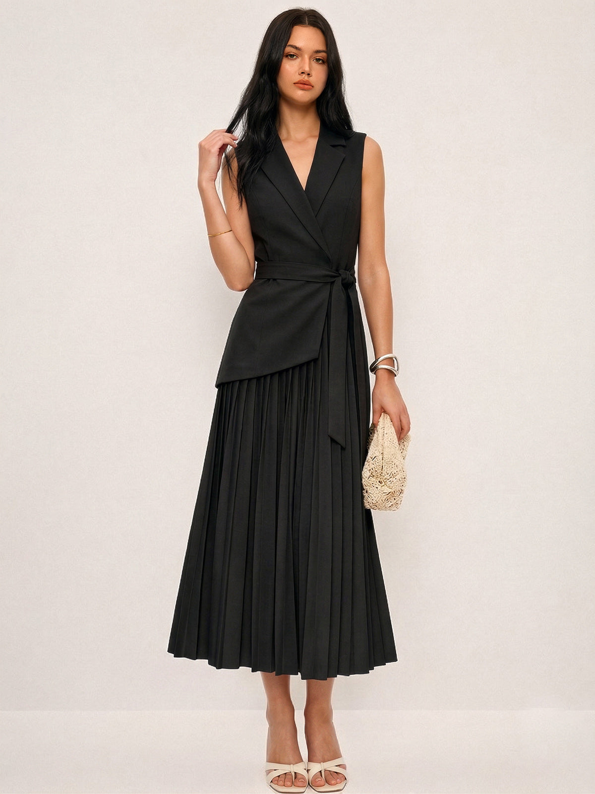 Sleeveless Pleated Blazer Dress with Belt