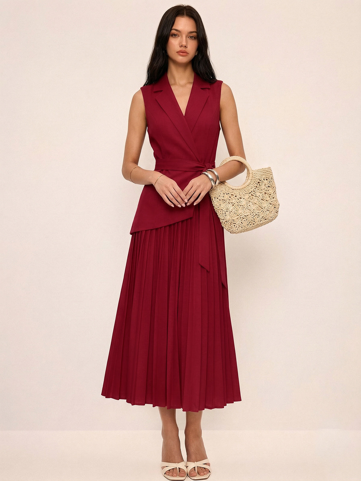 Belted Sleeveless Dress with Pleated Blazer Design