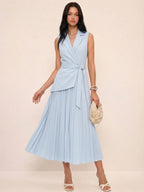 Belted Sleeveless Dress with Pleated Blazer Design