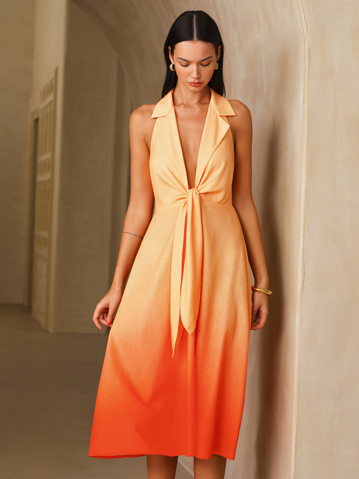 Gradient Halter Neck Midi Dress with Tie Detail