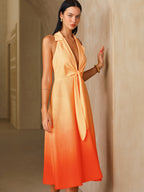 Gradient Halter Neck Midi Dress with Tie Detail