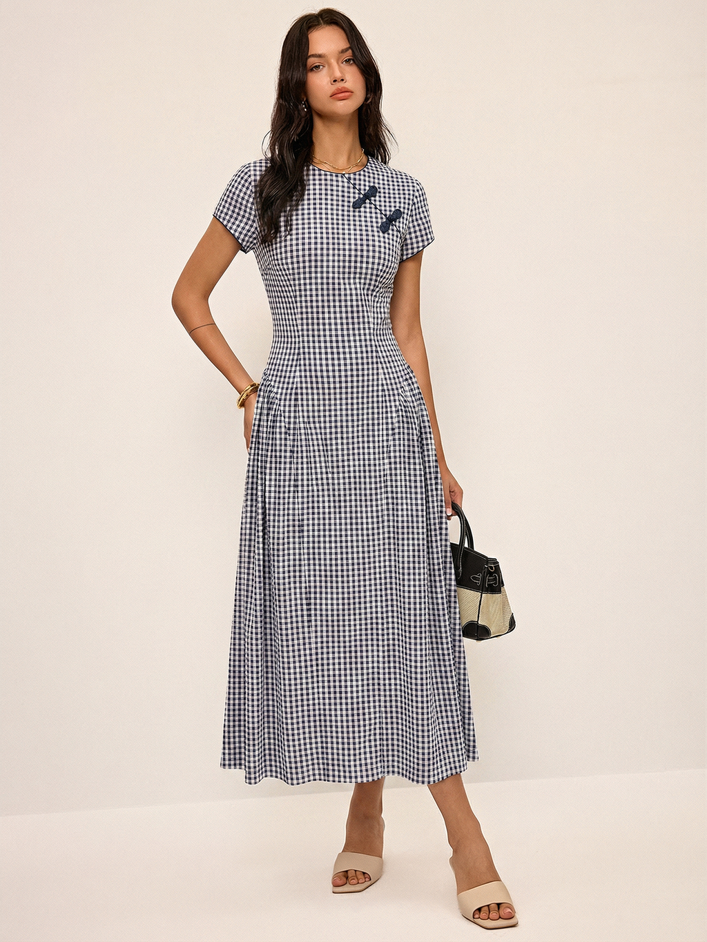 Gingham Midi Dress with Frog Button Short Sleeves