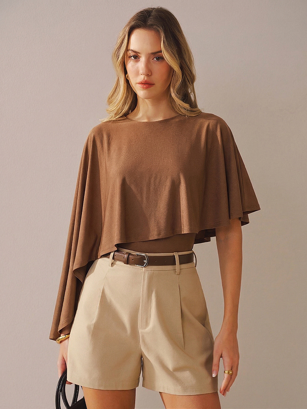 Asymmetric Cape Sleeve Knit Bodysuit in Slinky Fabric