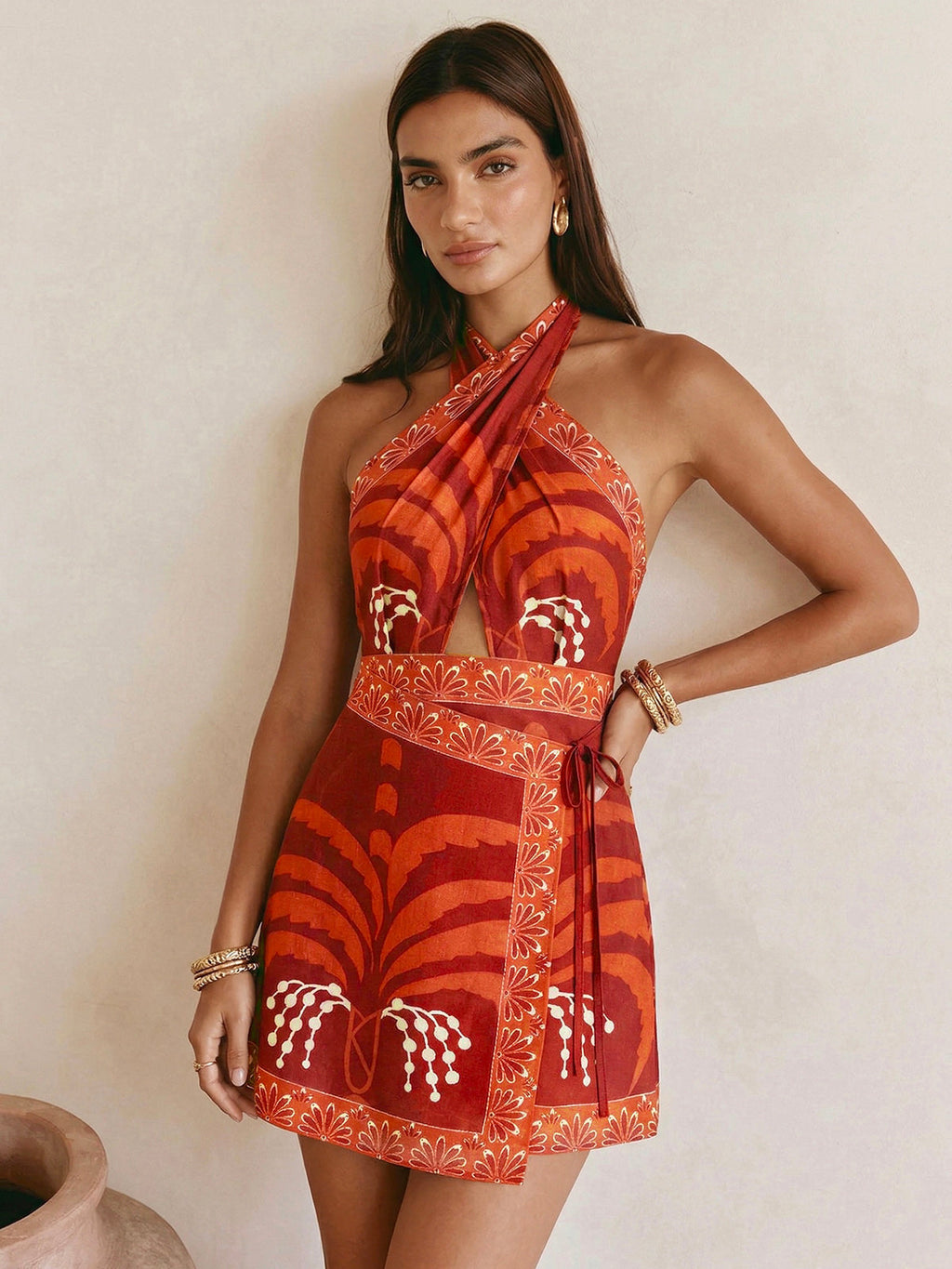 Halter Neck Tropical Wrap Style Mini Dress