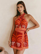 Halter Wrap Mini Dress with Tropical Print