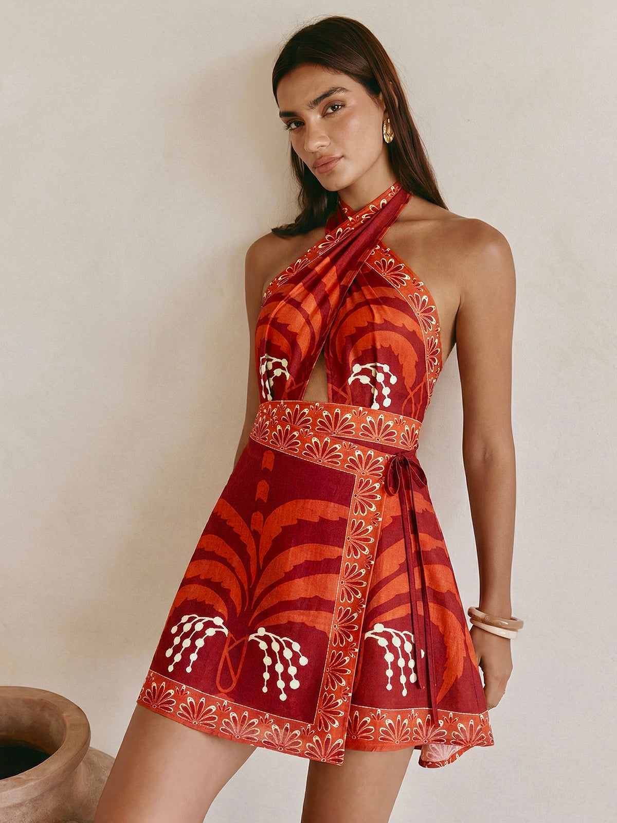 Vibrant Tropical Print Halter Neck Wrap Dress