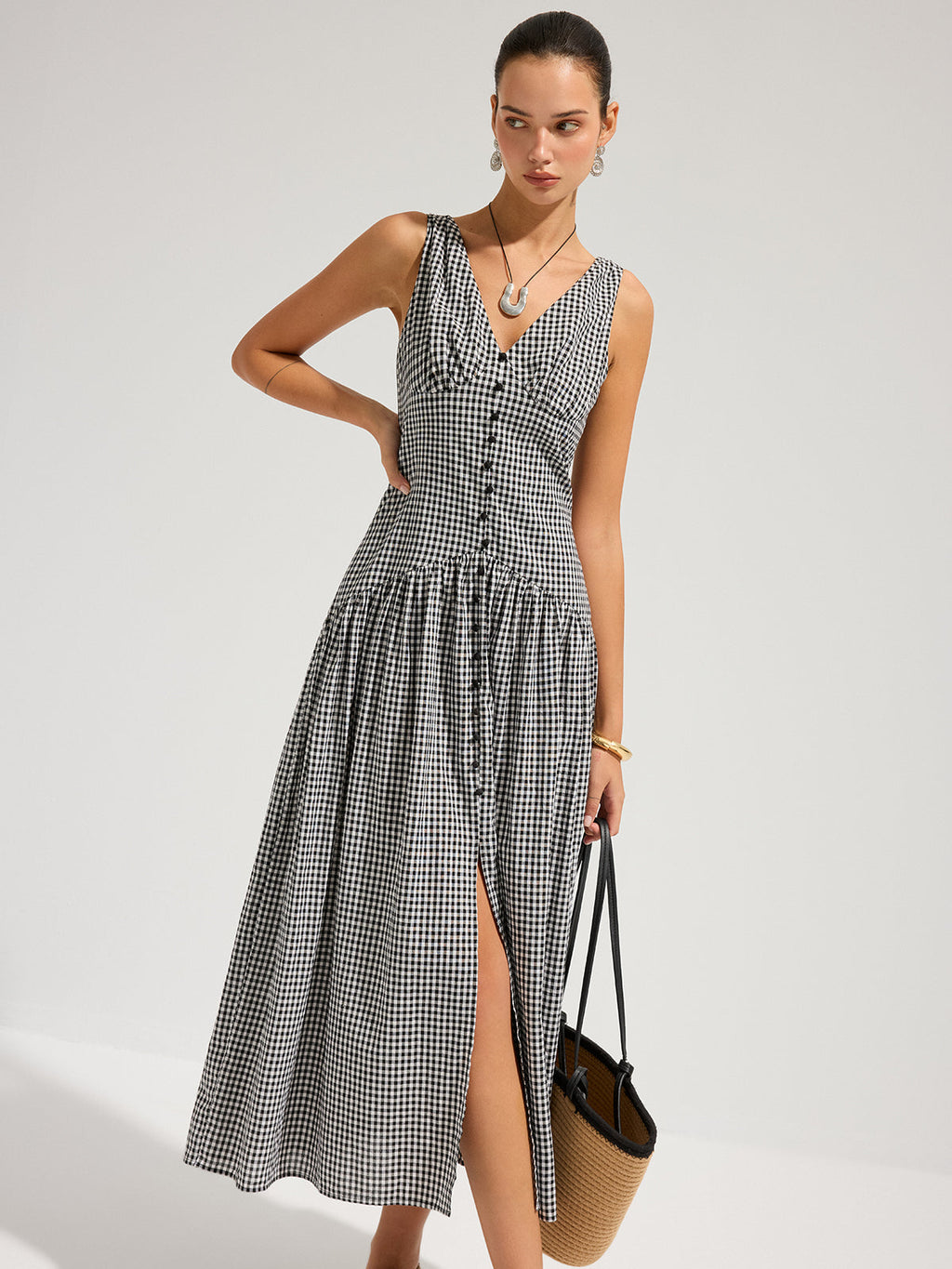 Gingham V-Neck Sleeveless Cotton Maxi Dress