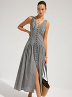Gingham V-Neck Sleeveless Cotton Maxi Dress