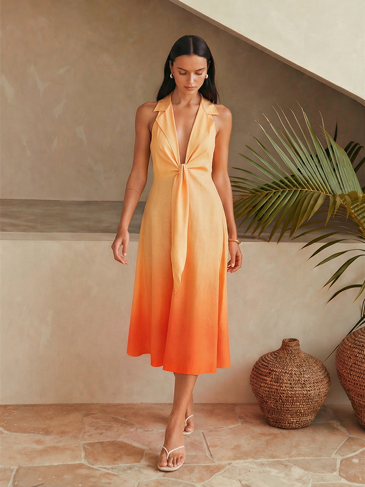 Gradient Halter Neck Midi Dress with Tie Detail